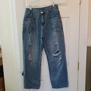 Distressed Blue Denim Barrel Jeans